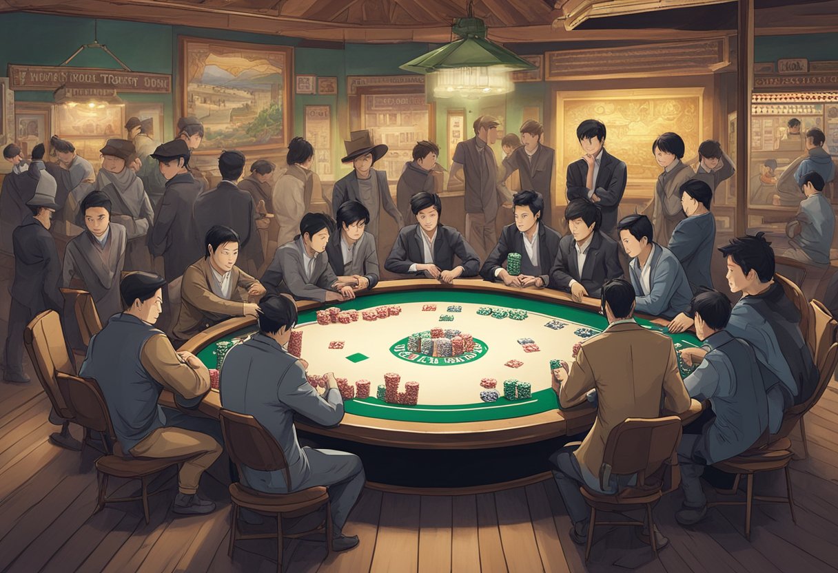 Players gather around a poker table, chips and cards in hand. A banner with "Asian Poker Tour" hangs in the background, while a timeline of poker's evolution adorns the walls