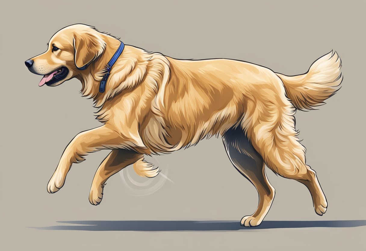 A golden retriever struggles to walk, favoring one hip over the other. Its hind legs appear misaligned, causing discomfort and difficulty in movement