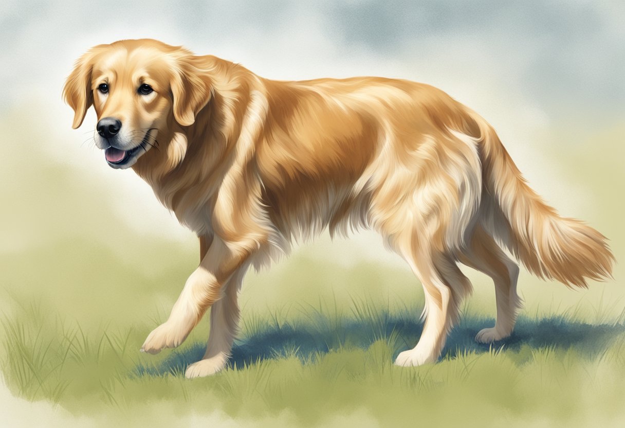 A golden retriever limps and struggles to stand, showing signs of hip dysplasia. Its hind legs appear weak and stiff as it walks