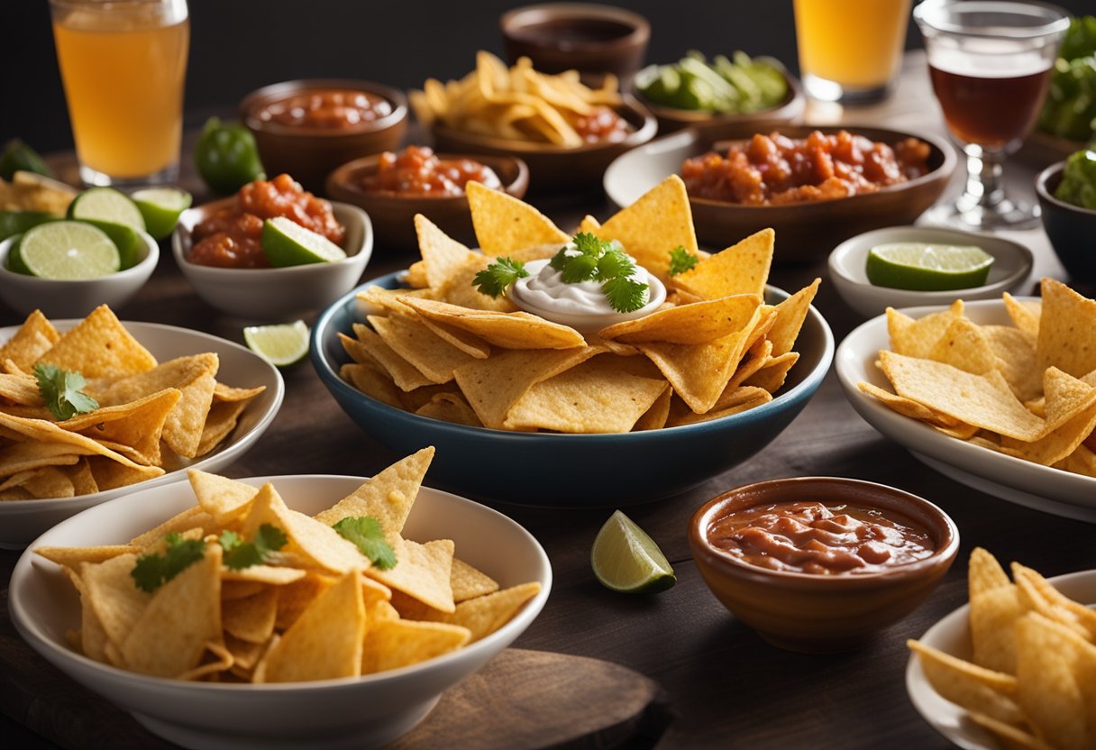 A table filled with nachos, wings, and dip. Chips and salsa, sliders, and a variety of beverages nearby