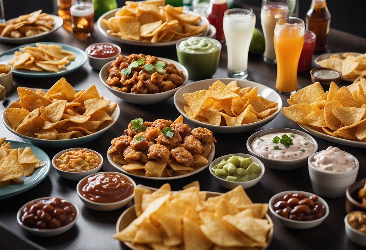 A table spread with an assortment of classic game day snacks: nachos, hot wings, sliders, and a variety of dips surrounded by bags of chips and bottles of soda