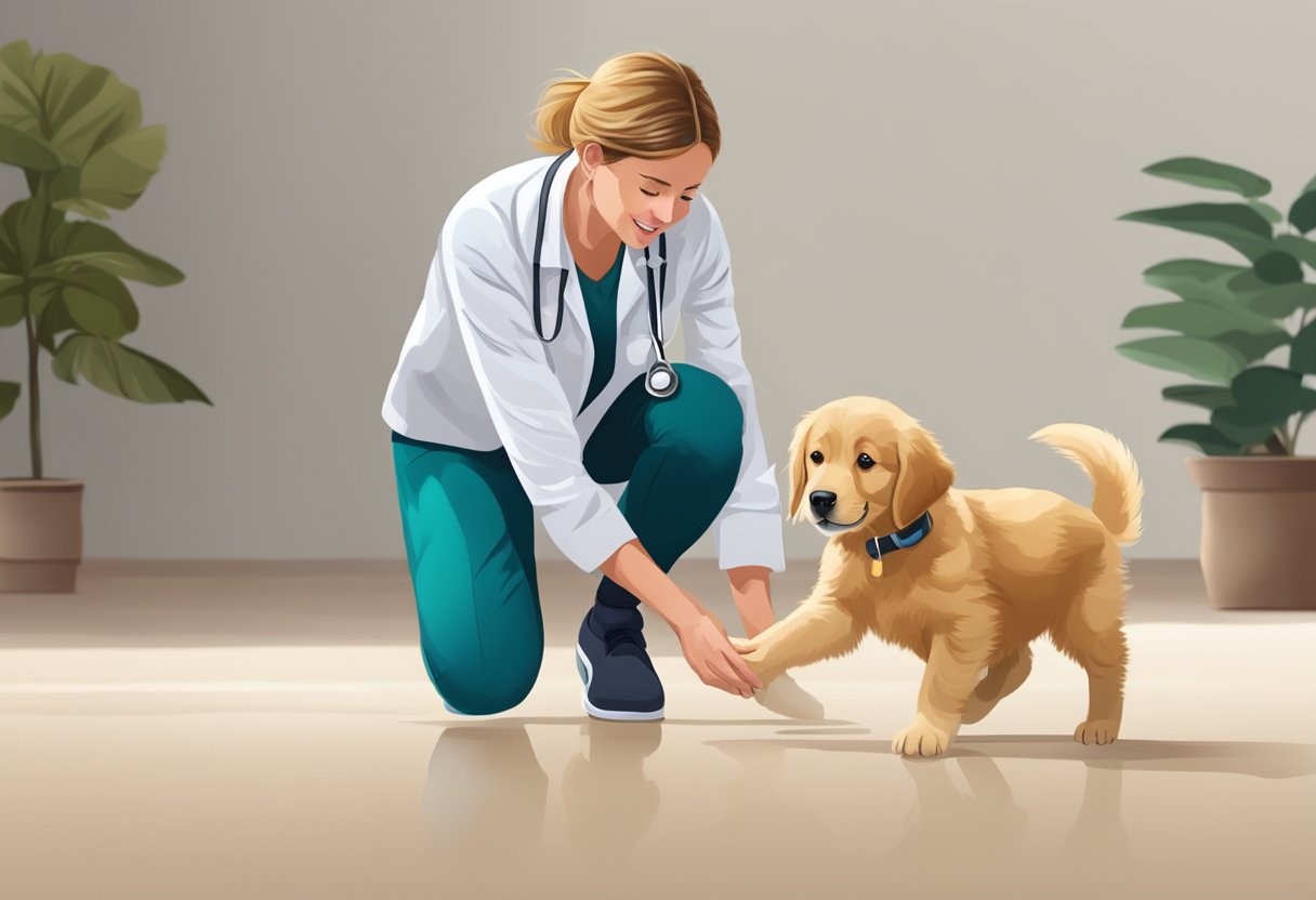 A golden retriever puppy is shown walking on a soft, non-slip surface, with a veterinarian demonstrating proper exercise and stretching techniques