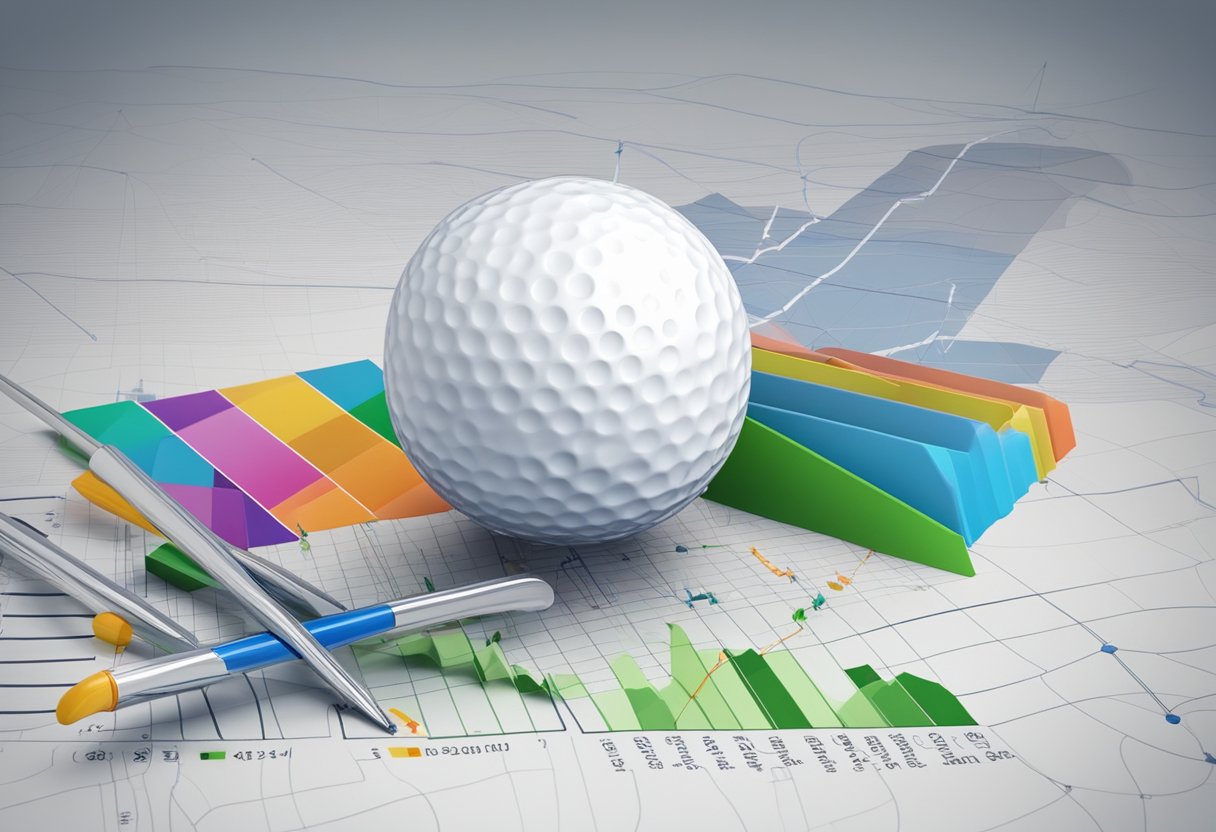 A golf ball on a trading graph with upward trend lines, surrounded by golf clubs and financial charts