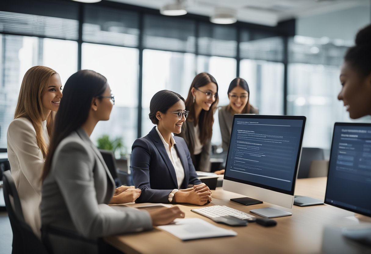 A group of women reviewing eligibility criteria for MBA scholarships, with application process displayed on a computer screen