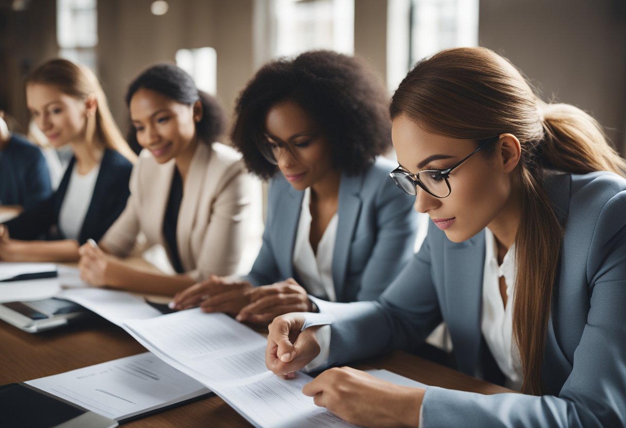 A group of women studying, with a focus on business and leadership, surrounded by scholarship information and application materials