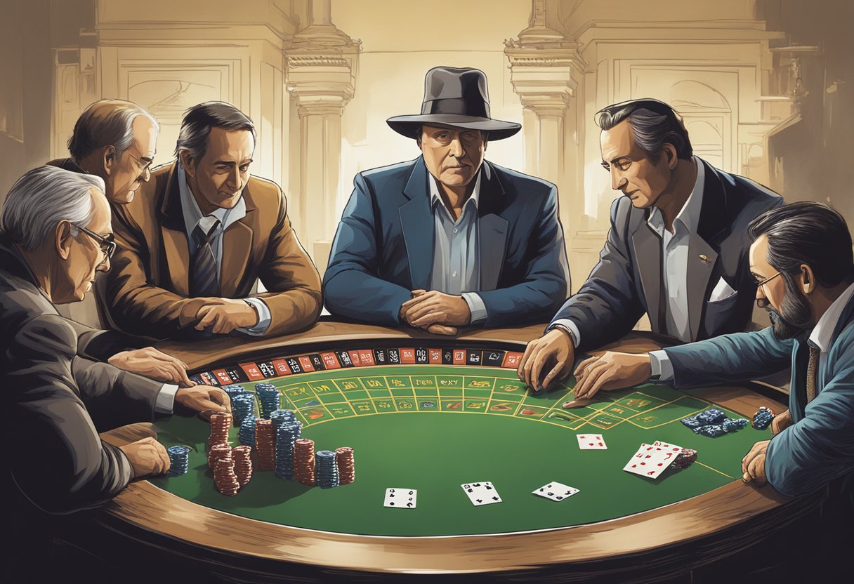 A group of iconic figures stand around a table, each with a quote about gambling. Their words hang in the air, capturing the essence of risk and reward