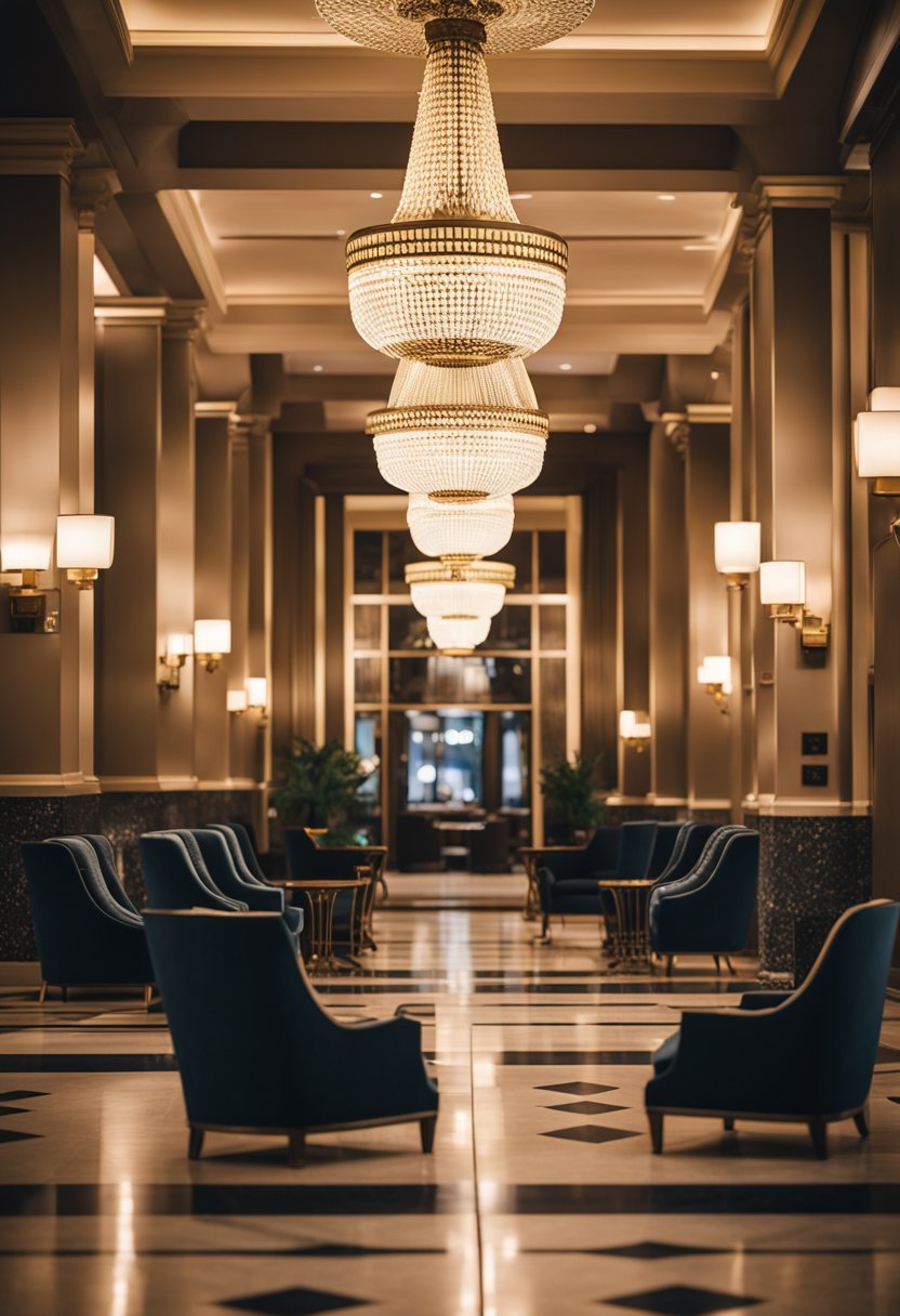 The grand hotel lobby features elegant art deco decor, plush velvet seating, and a stunning chandelier. The warm lighting creates a cozy and inviting atmosphere for guests to relax and unwind