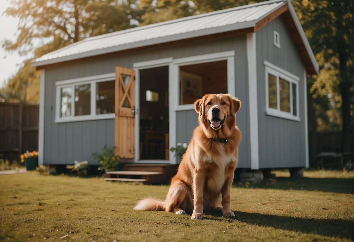 A massive dog standing next to a tiny house, towering over everything with its enormous size and powerful presence