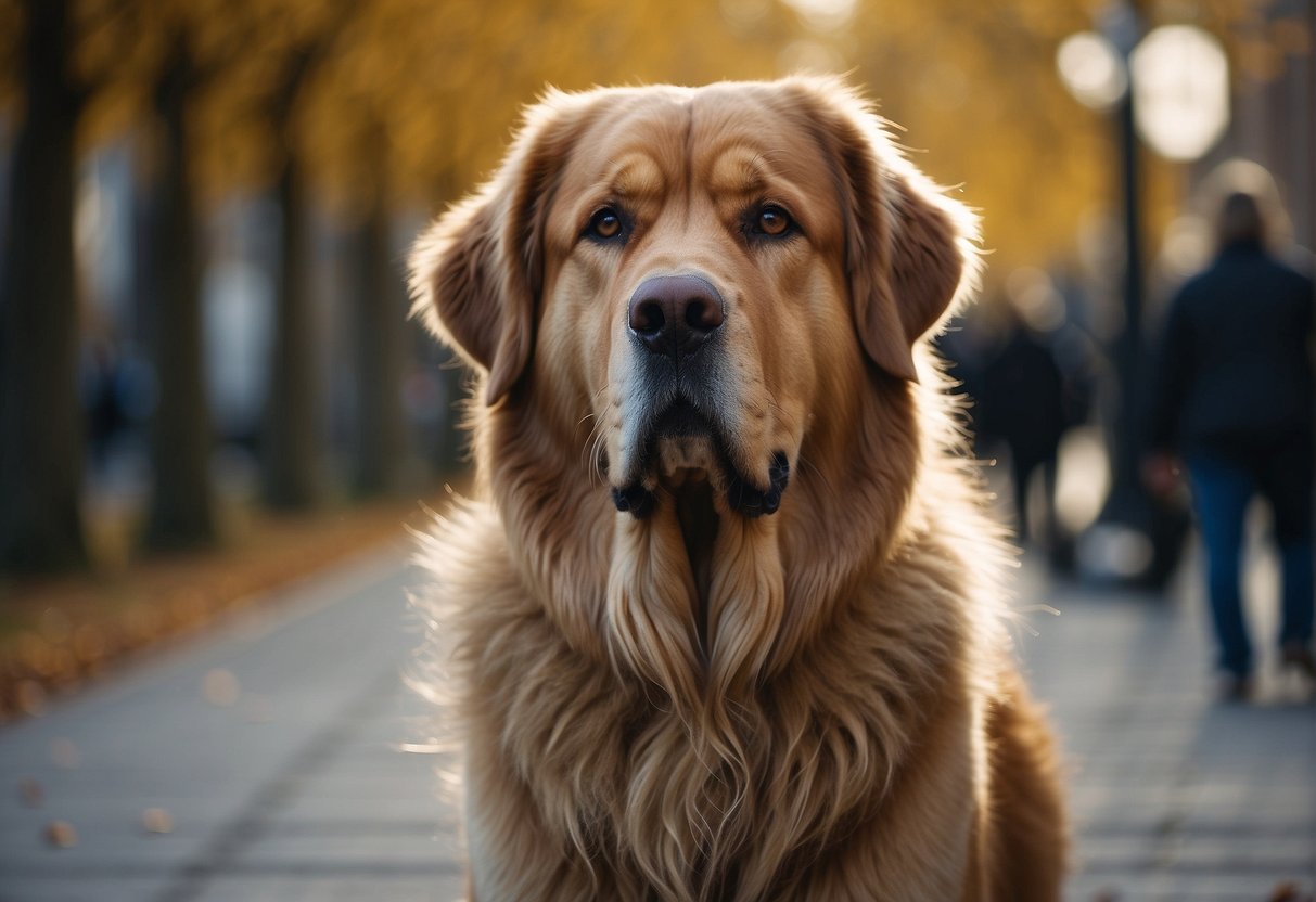 A massive, majestic dog stands tall, with a thick, powerful build and a gentle expression. Its fur is long and flowing, and its eyes exude intelligence and kindness. This is the largest dog in the world