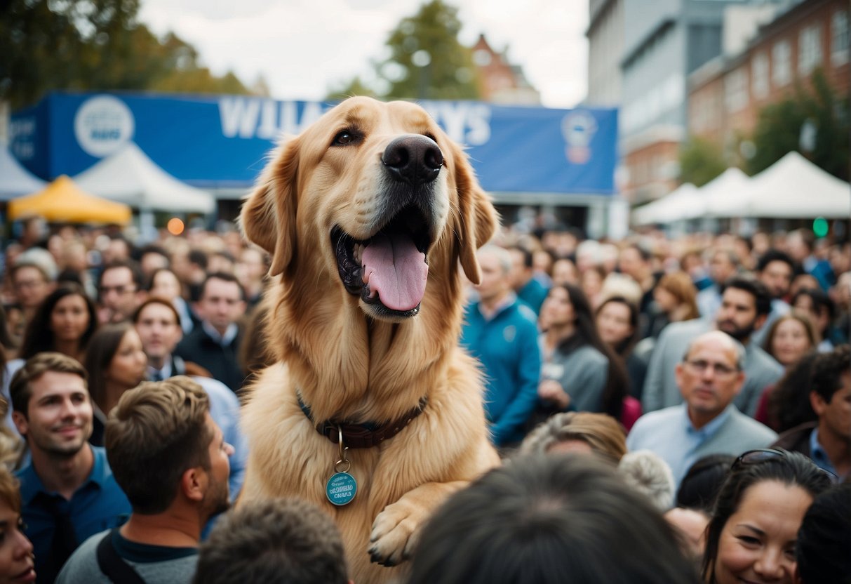 A giant dog, towering over a crowd, holds the title of "World's Largest Dog." Its massive frame and gentle expression captivate onlookers