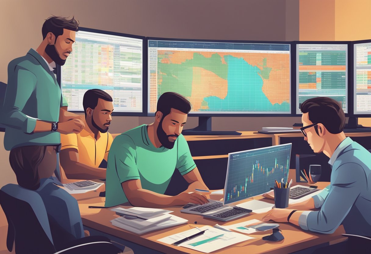 A group of people analyzing statistics and charts, one side focused on sports betting, the other on the stock market. The atmosphere is intense and focused, with a sense of competition and strategy