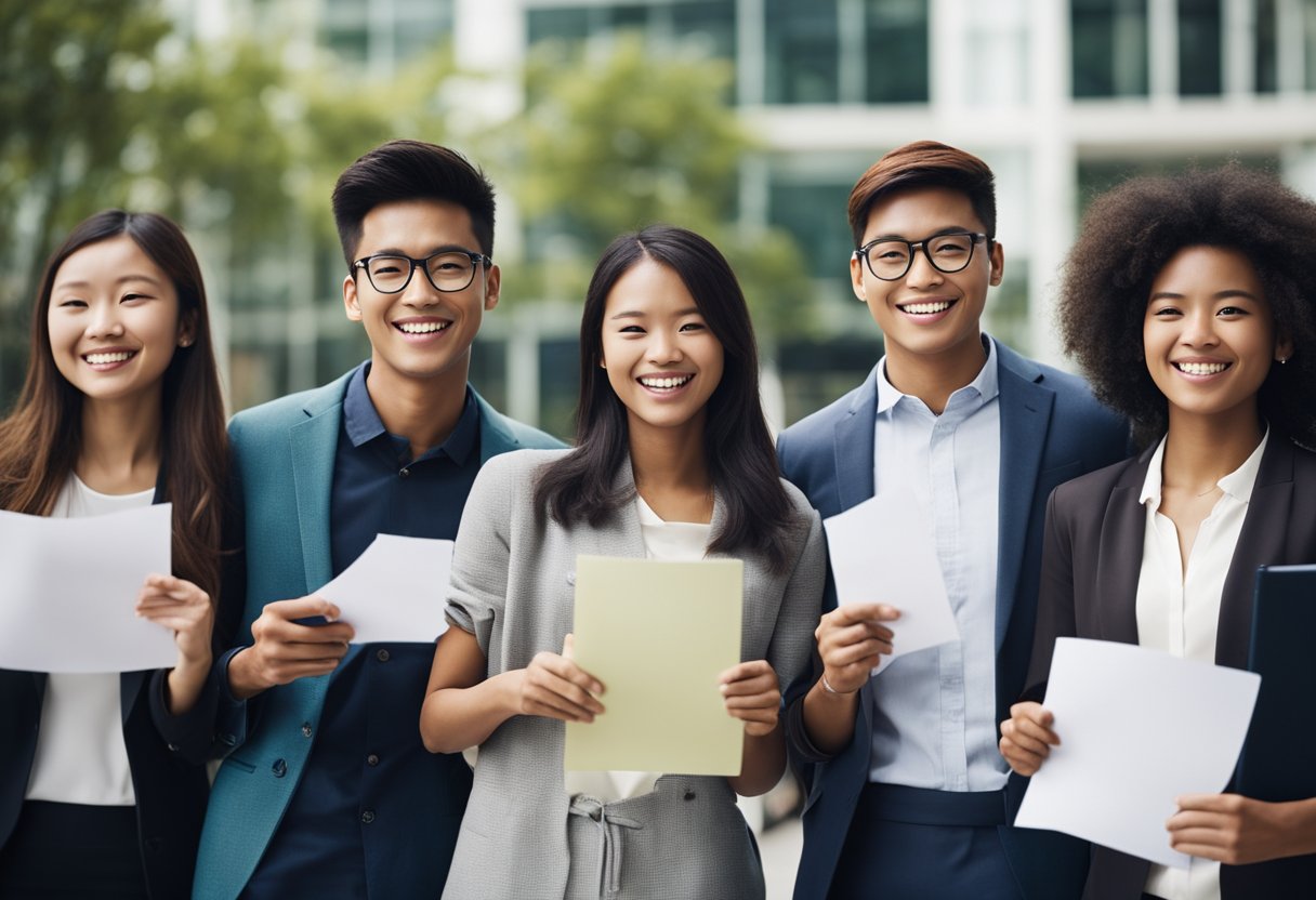 A group of diverse international students receiving MBA scholarships, holding certificates and smiling with excitement