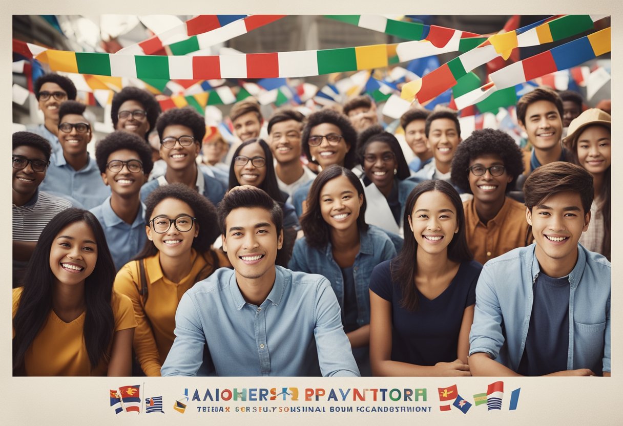 A group of diverse students eagerly await scholarship announcements, surrounded by banners and flags from various countries