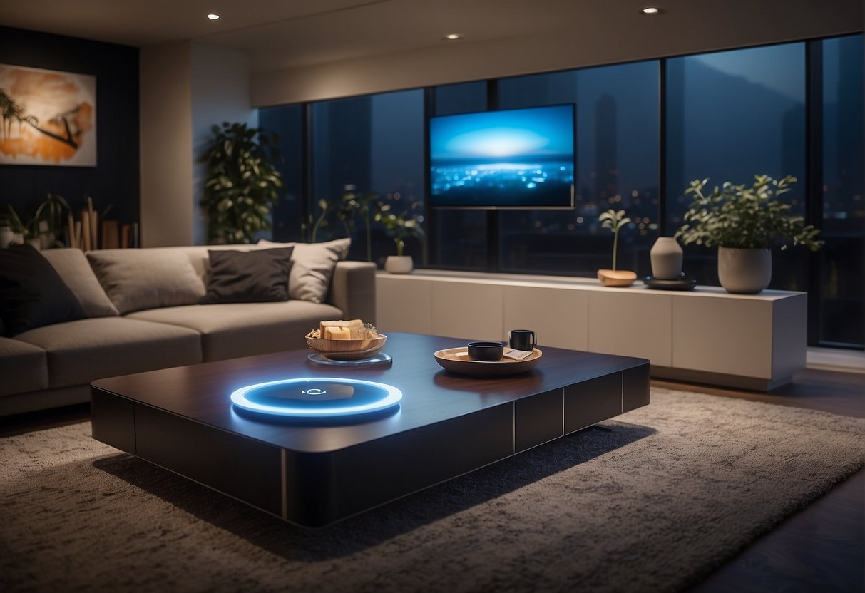 A modern living room with smart home devices seamlessly integrated into the environment. Voice-activated lights, automated climate control, and connected appliances create a futuristic and convenient living space