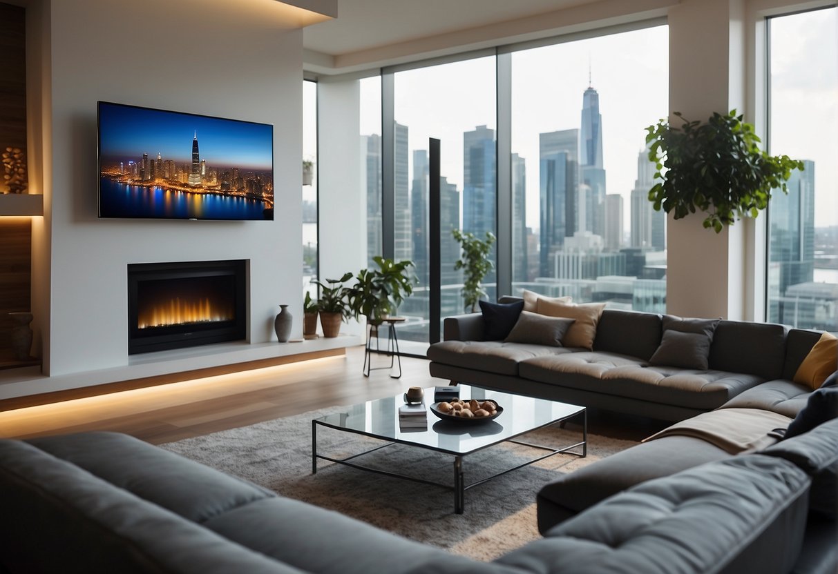 A modern living room with smart TVs, sound systems, and security cameras seamlessly integrated into the design. Voice-activated controls and automated lighting enhance the futuristic atmosphere