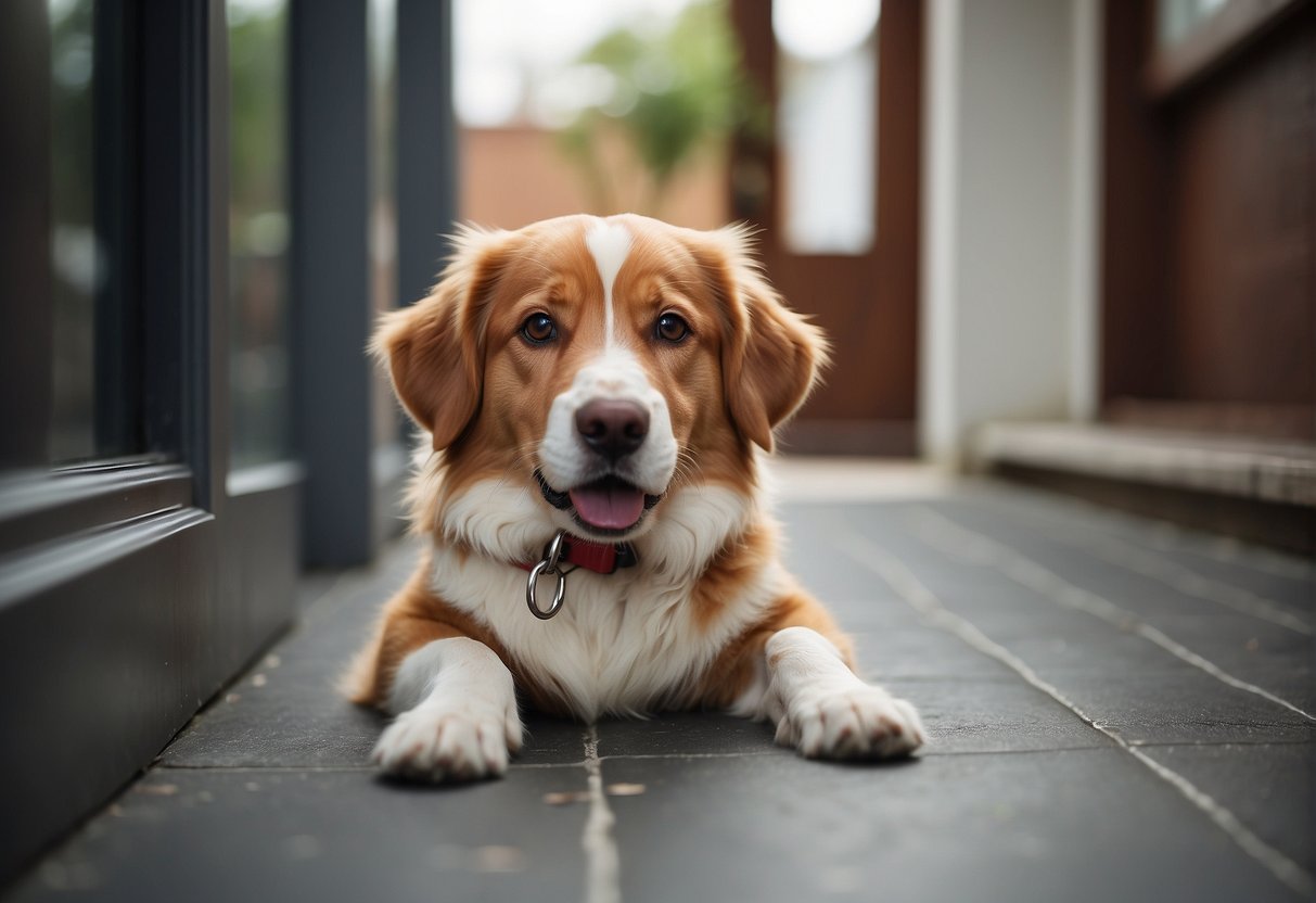 A dog eagerly waits by the door, tail wagging, as a person's hand reaches for the leash