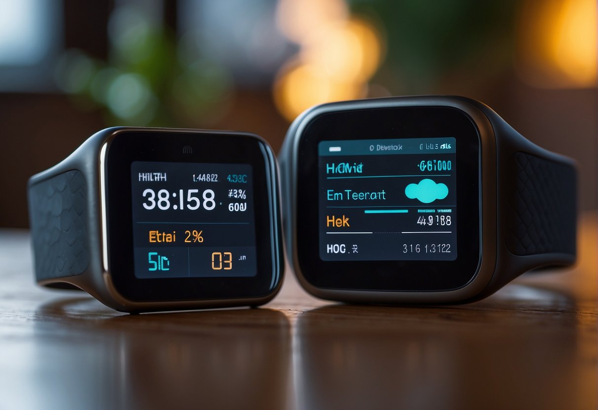 A sleek wearable device tracks heart rate and steps, while a smartphone displays real-time health data. Smart home devices adjust lighting and temperature based on the user's fitness goals
