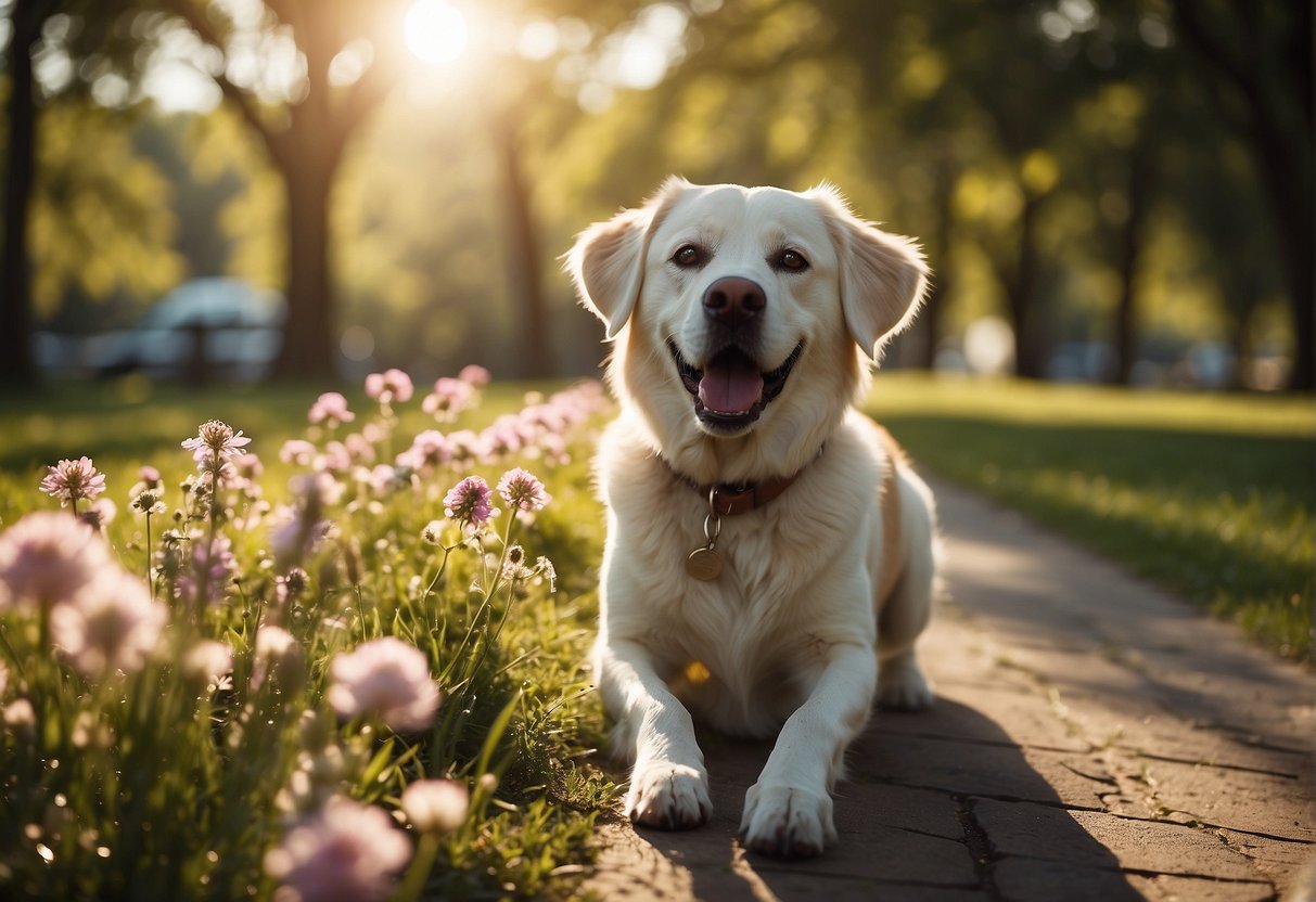 A dog happily walks through a vibrant park, stopping to sniff flowers and greet other dogs. The sun shines overhead, casting a warm glow on the scene