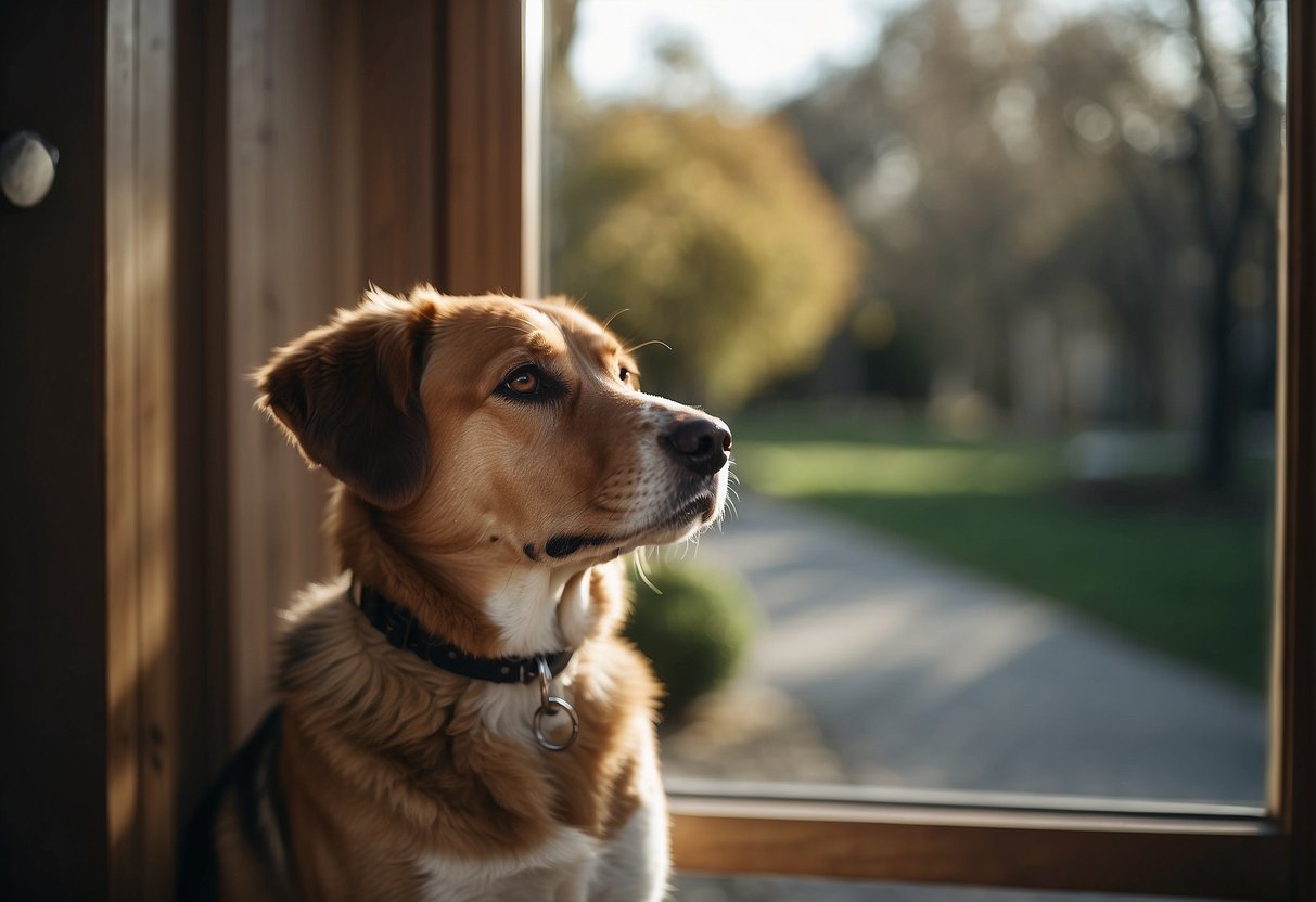 A dog waiting by the door, leash in mouth, looking expectantly at its owner. Outdoor scenery visible through the window