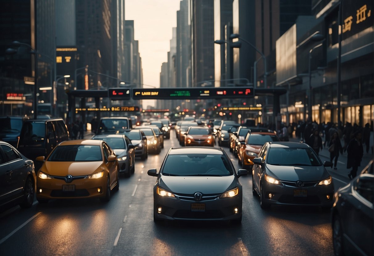 A bustling city street with futuristic vehicles seamlessly navigating through smart traffic systems and integrated technology enhancing everyday life