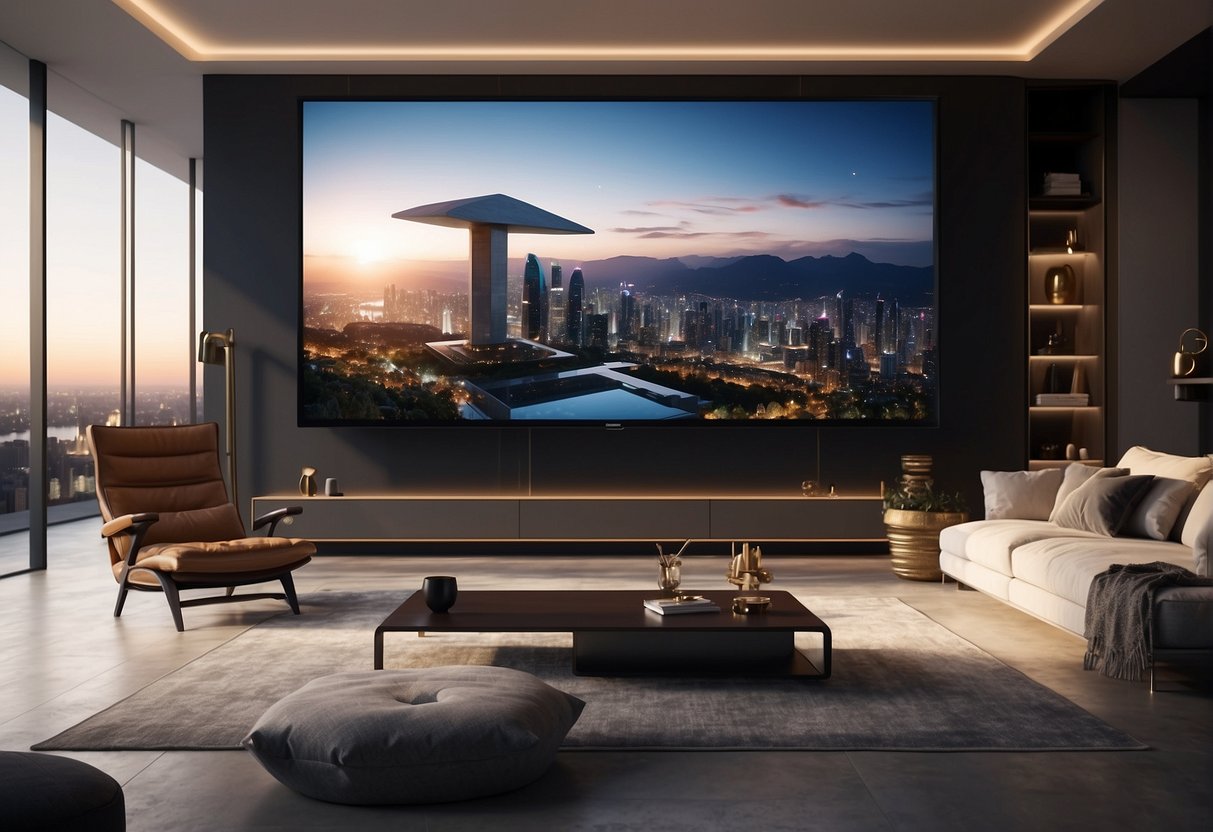 A modern living room with sleek, integrated technology. Smart appliances, voice-activated controls, and seamless connectivity create a futuristic atmosphere
