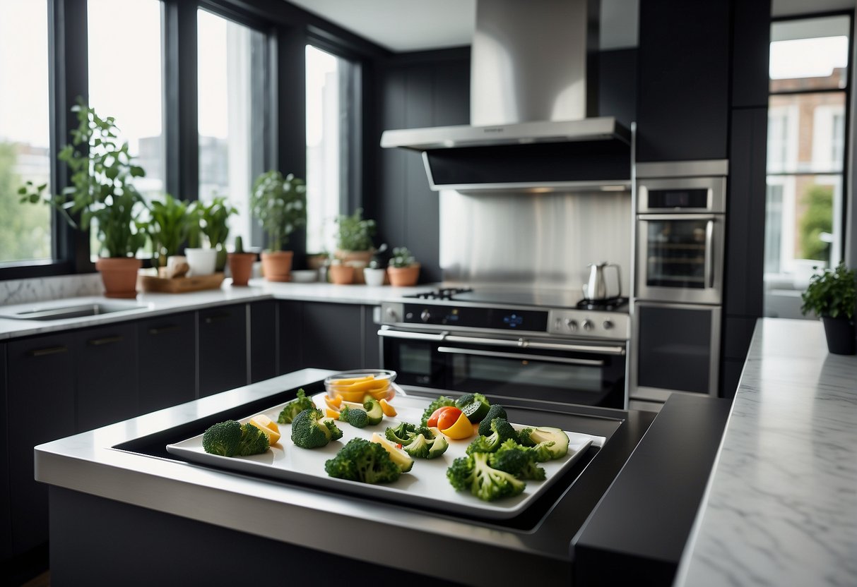 A sleek, modern kitchen filled with state-of-the-art appliances and gadgets. Smart technology seamlessly integrated into everyday cooking and food preparation