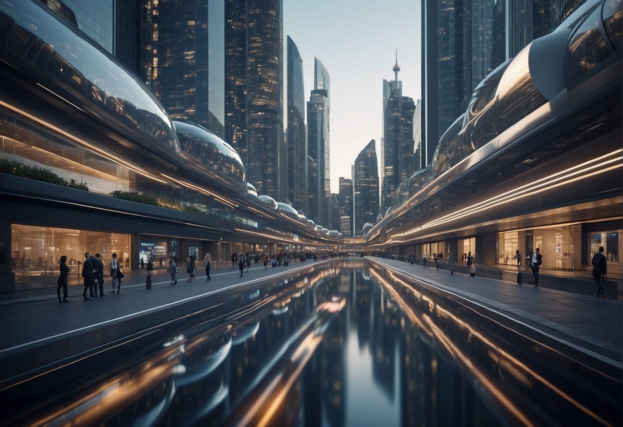 A futuristic cityscape with integrated technology in everyday life. Smart buildings, self-driving vehicles, and digital interfaces seamlessly blend into the urban environment