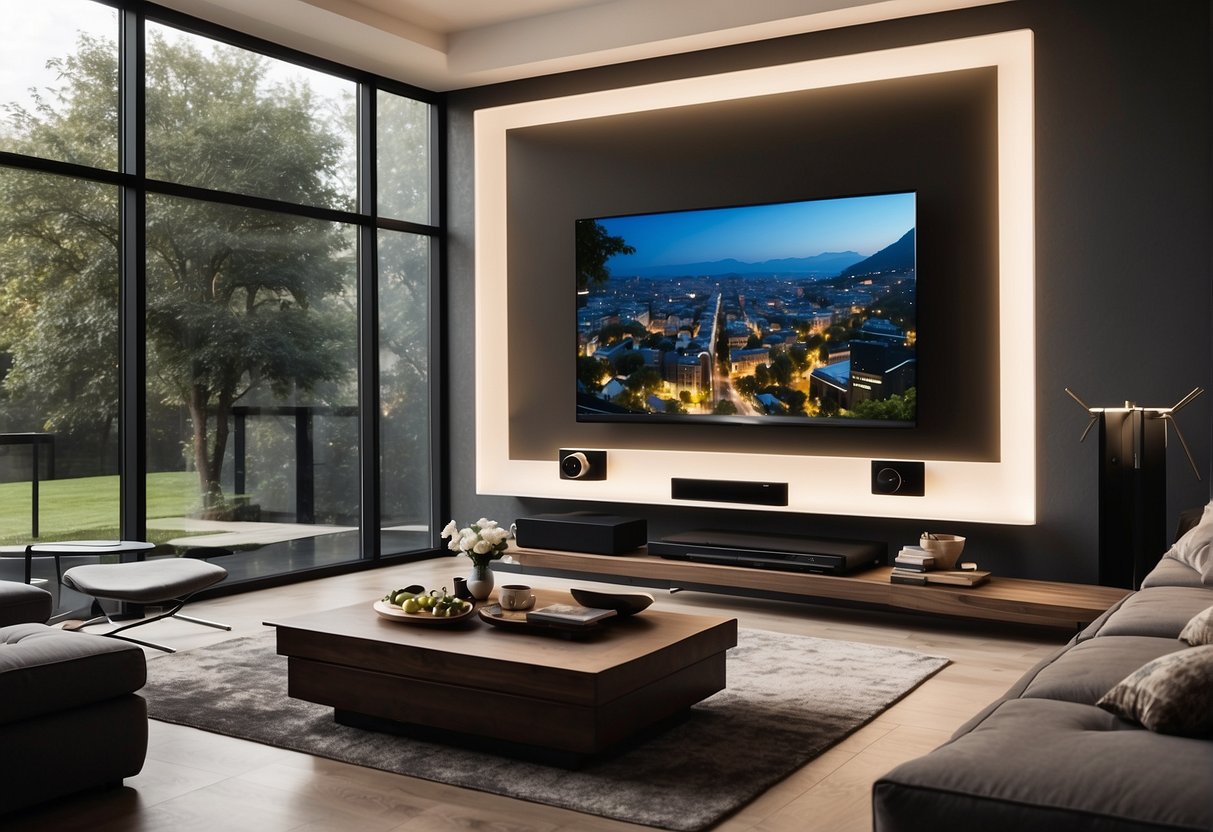 A modern home with integrated technology: smart appliances, voice-activated controls, and interactive educational displays