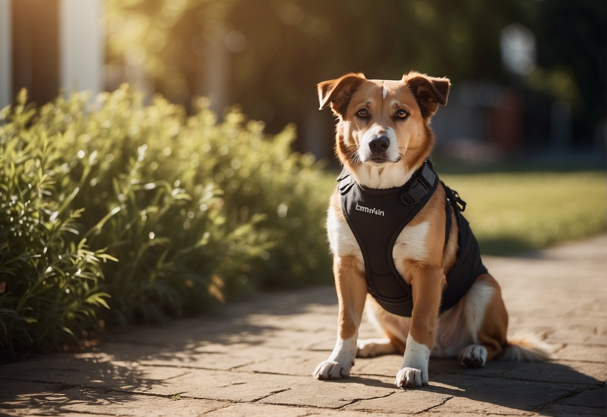 A male dog pants in the hot sun, seeking shade