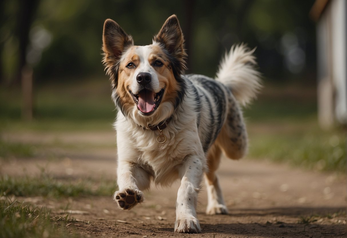 A male dog in heat, exhibiting restless behavior and increased urination frequency. Tail raised, sniffing and marking territory. Potential for mounting and aggression towards other males