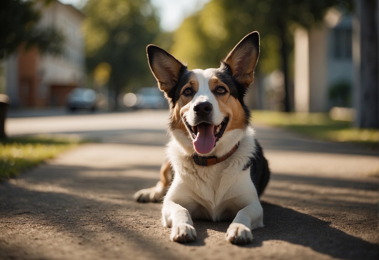 A male dog in heat, panting and restless, seeking relief in shade or cool surfaces