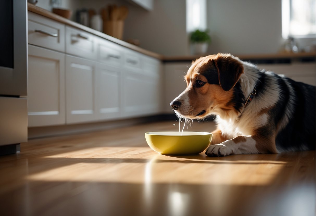 A dog eagerly drinks milk from a bowl on the kitchen floor