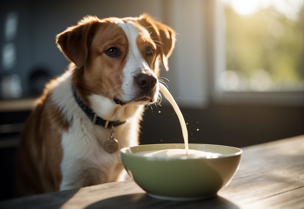 A dog eagerly laps up a bowl of milk, unaware of the potential risks of cow's milk for dogs