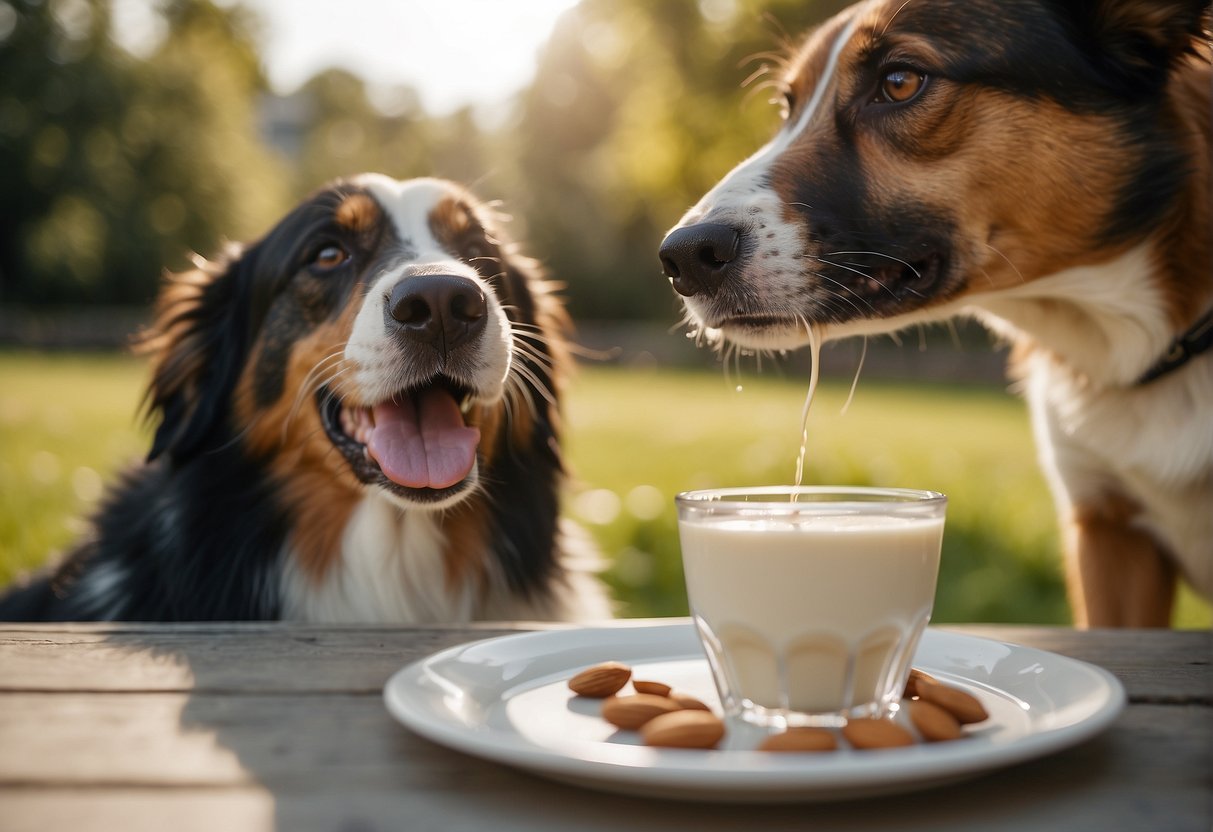 A dog happily drinking from a bowl filled with non-dairy milk alternatives, such as almond or oat milk, while the concerned owner watches nearby