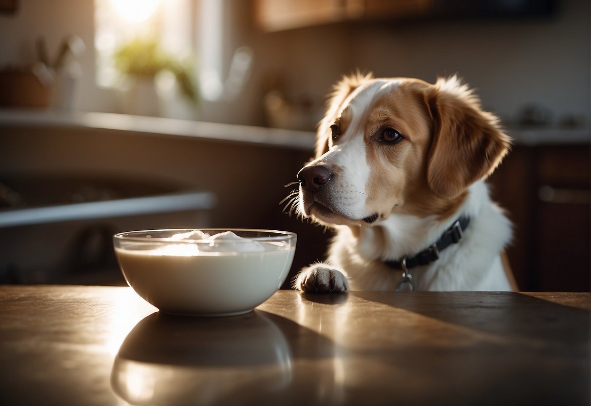 A dog eagerly lapping up a bowl of milk, while a concerned owner looks on