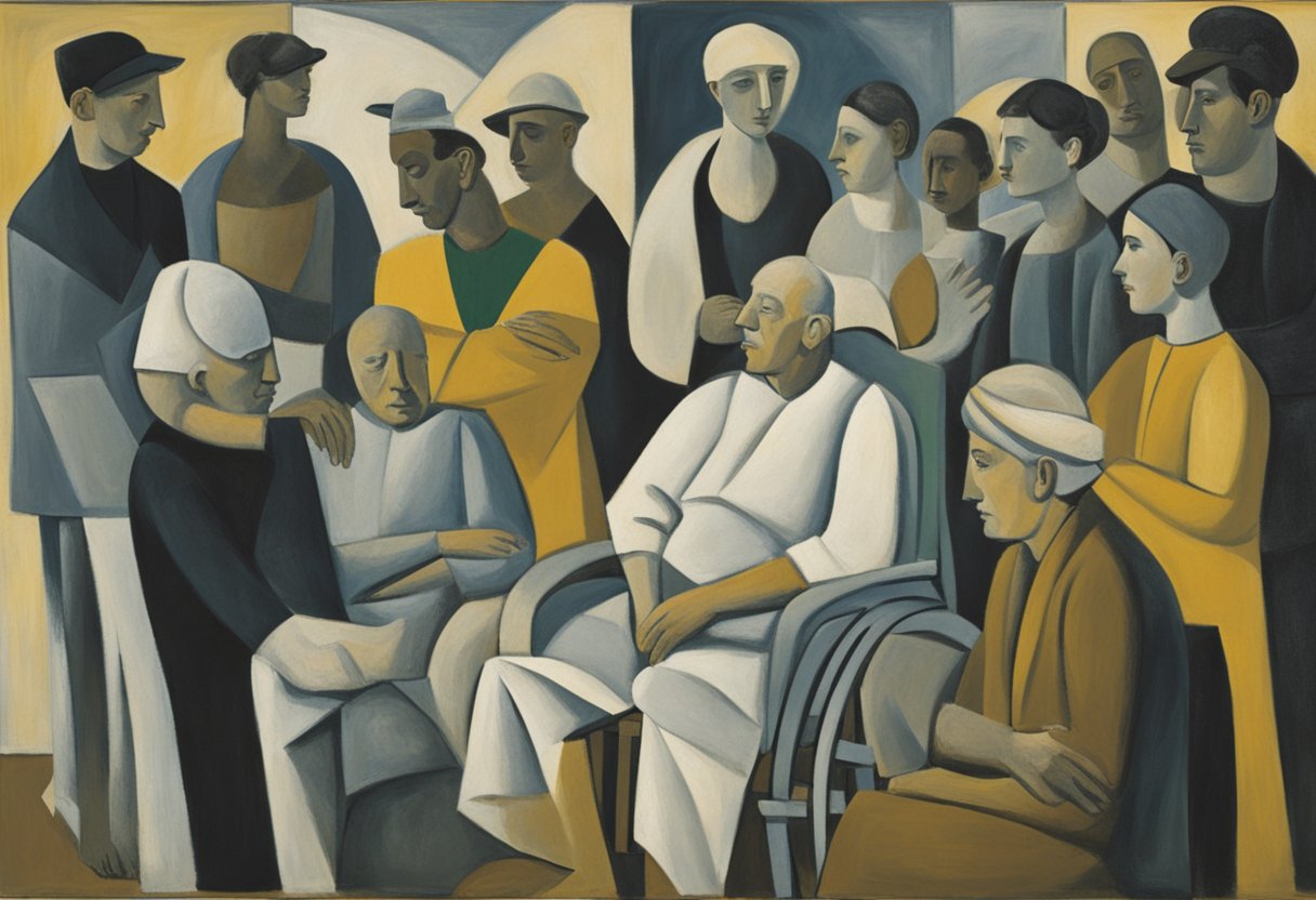 A person receiving cancer treatment, surrounded by supportive loved ones, showing vulnerability and connection