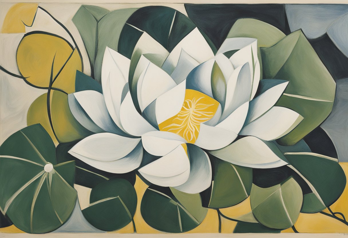 A single lotus flower blooms amidst tangled vines, symbolizing resilience and growth in the face of vulnerability and connection