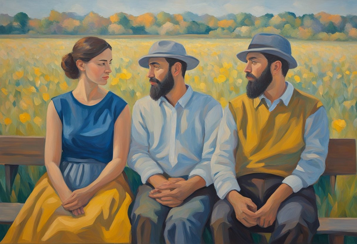 A couple sits close, facing each other. Their eyes are locked, and their body language is open and relaxed. There is a sense of connection and trust between them, as they share a tender moment