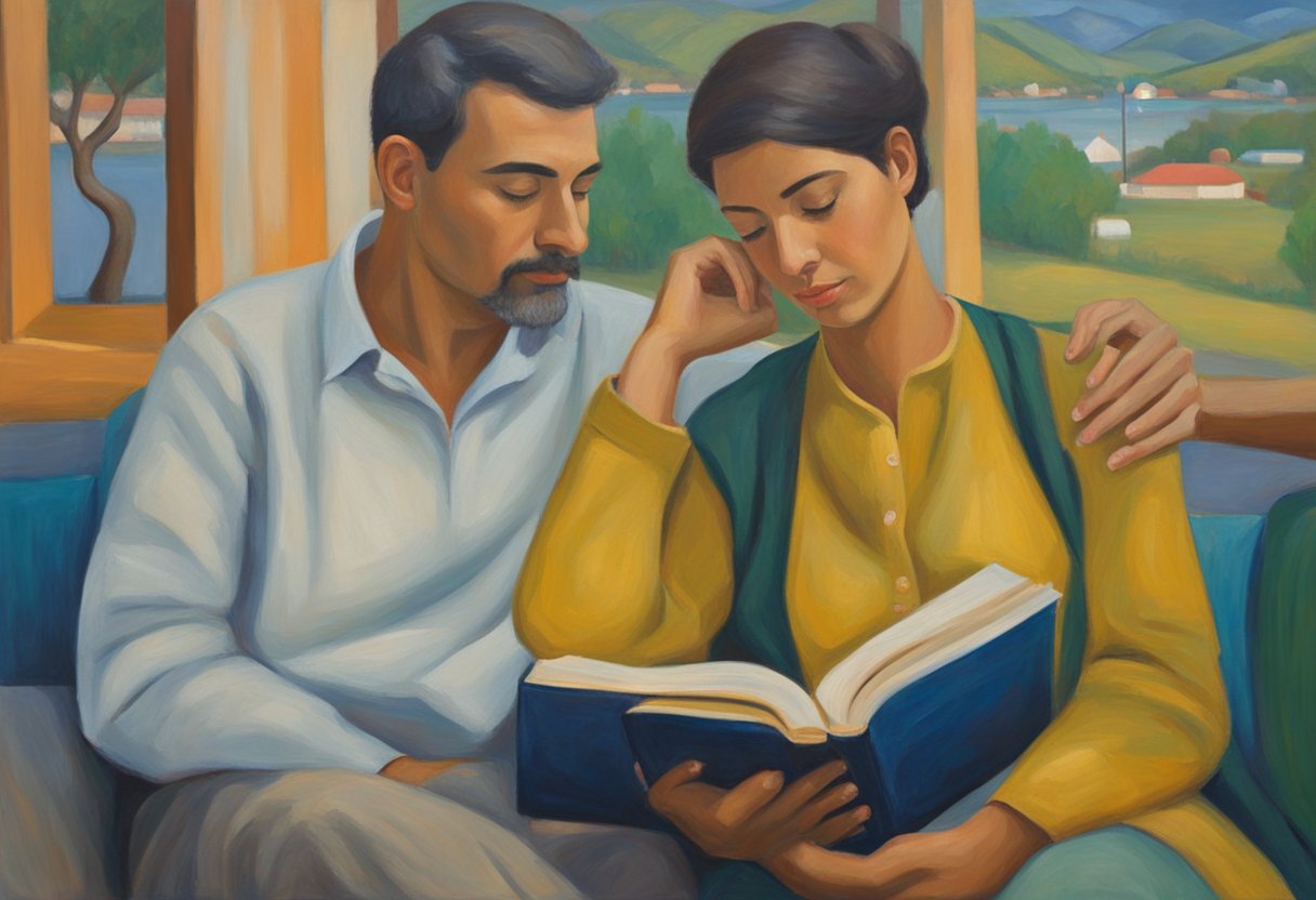 A couple sitting close, facing each other, eyes locked in trust. The woman holds a book titled "Rebuilding Trust and Intimacy, Cancer Thriver." The man's hand rests on her shoulder, showing support