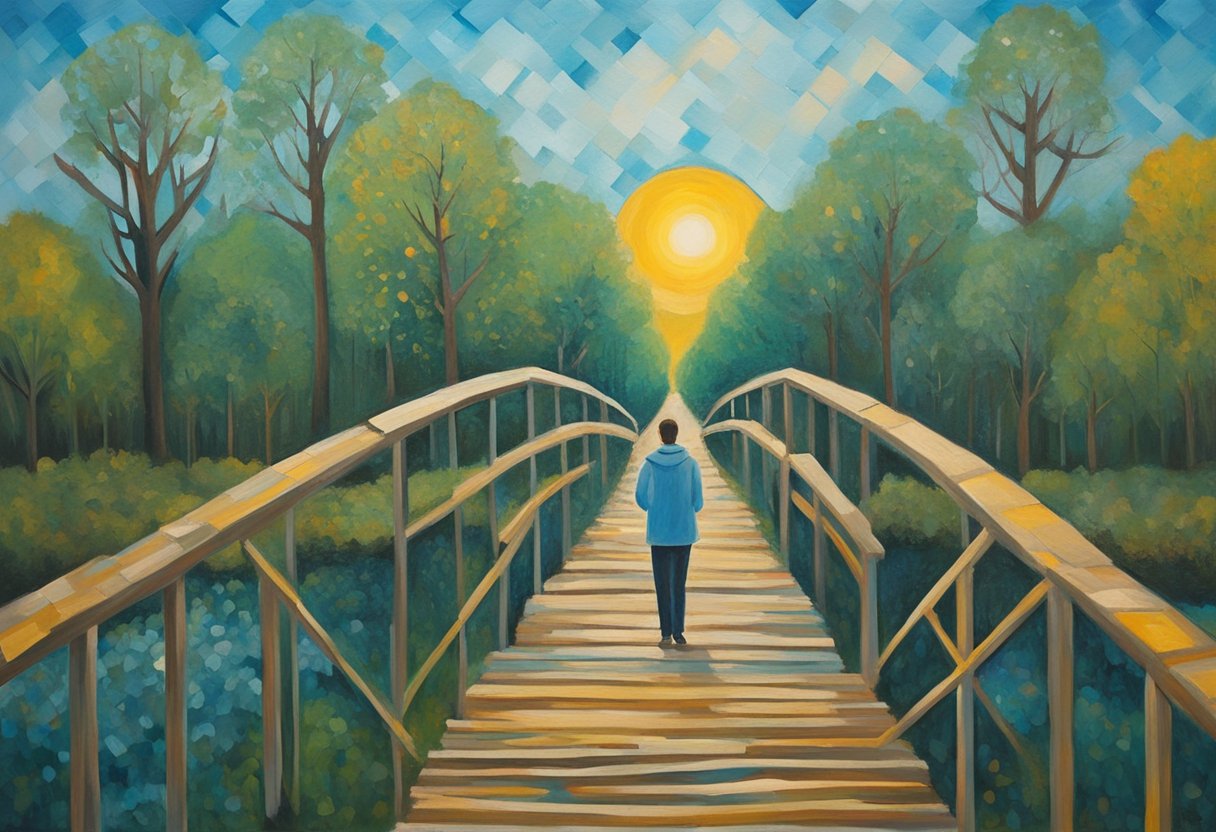 A person extends a hand towards a broken bridge, symbolizing the effort to rebuild trust and intimacy after overcoming cancer. Surrounding the bridge are signs of growth and renewal, representing the steps and strategies taken towards healing