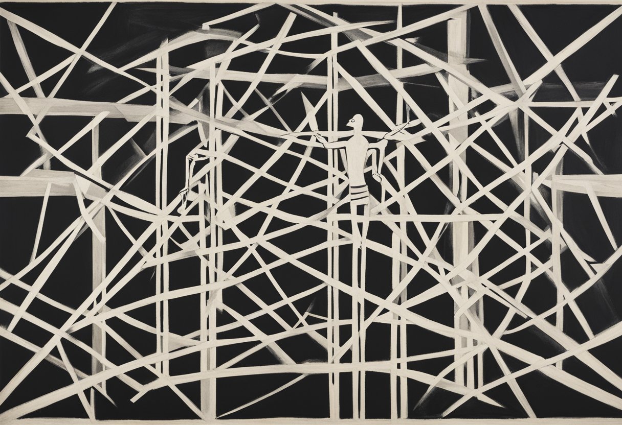 A figure stands with arms open, surrounded by a network of interconnected lines symbolizing vulnerability and connection