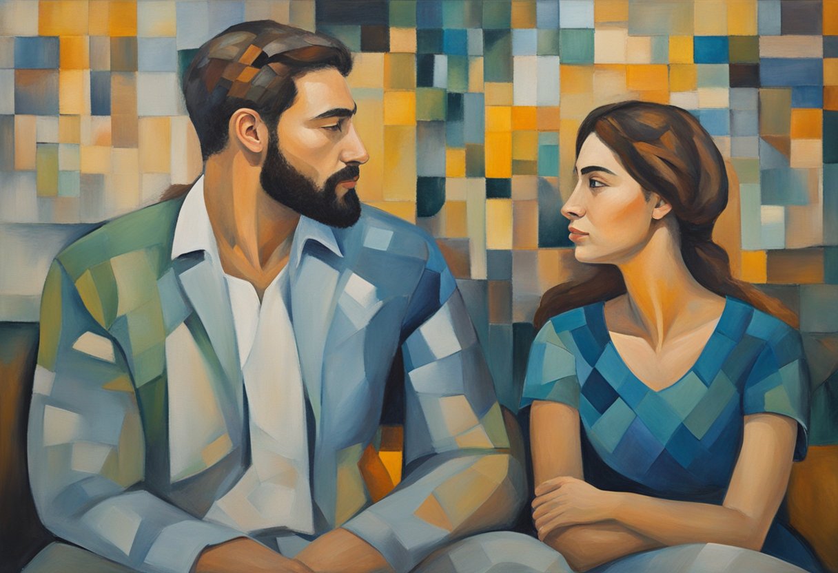 A couple sitting close, facing each other, eyes locked with a tender expression. A sense of vulnerability and trust evident in their body language