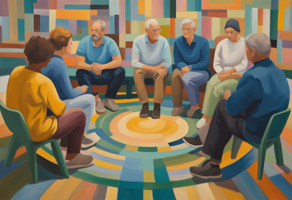 A person sitting in a circle of supportive friends and family, engaging in a therapy session. The focus is on rebuilding trust and intimacy after overcoming cancer