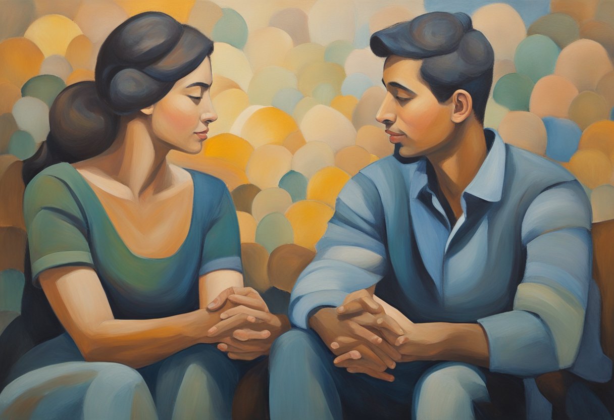 A couple sitting closely, facing each other, with hands intertwined, expressing love and support. A serene setting with soft lighting and gentle colors to convey peace and intimacy