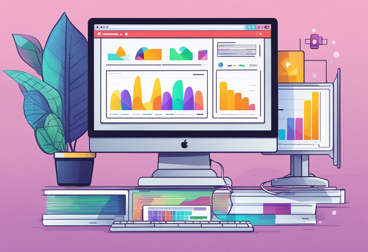 A computer with editing software open, displaying a YouTube analytics dashboard. A monetization tab shows ad revenue and sponsored content earnings