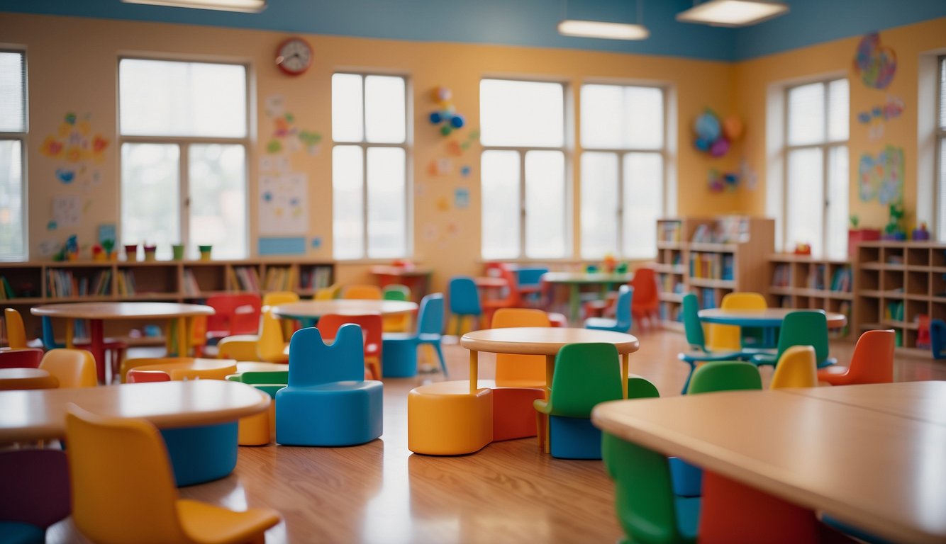 Children exploring their school: colorful playground, classrooms, library, and cafeteria. Bright, welcoming atmosphere with happy students and teachers