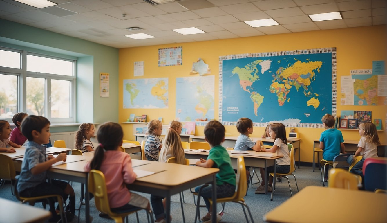 A colorful classroom with happy children exploring their school, with a map and photos on the wall