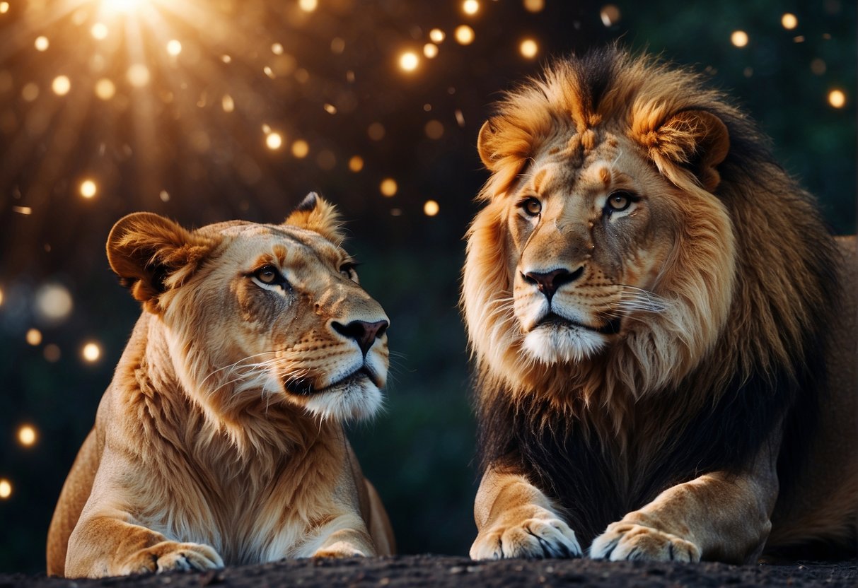 A lion and lioness meet under a starry sky, locking eyes with fiery passion and a sense of pride