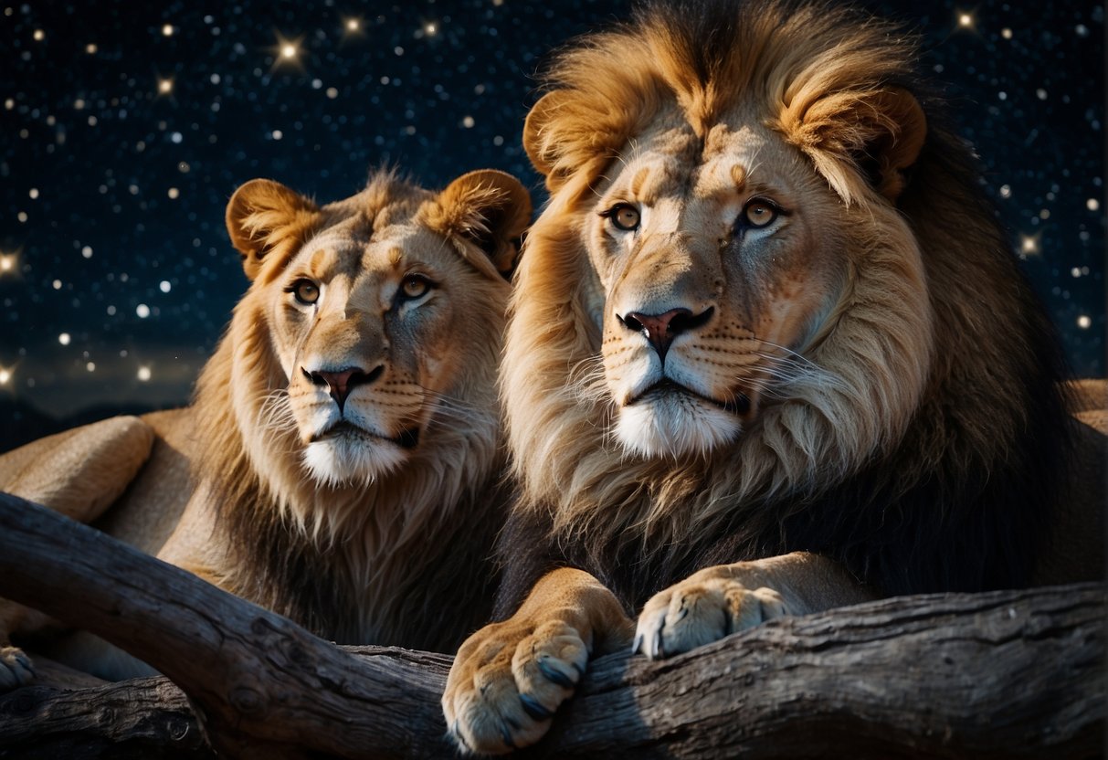 A lion and lioness lock eyes under a starry sky, drawn to each other's strength and passion