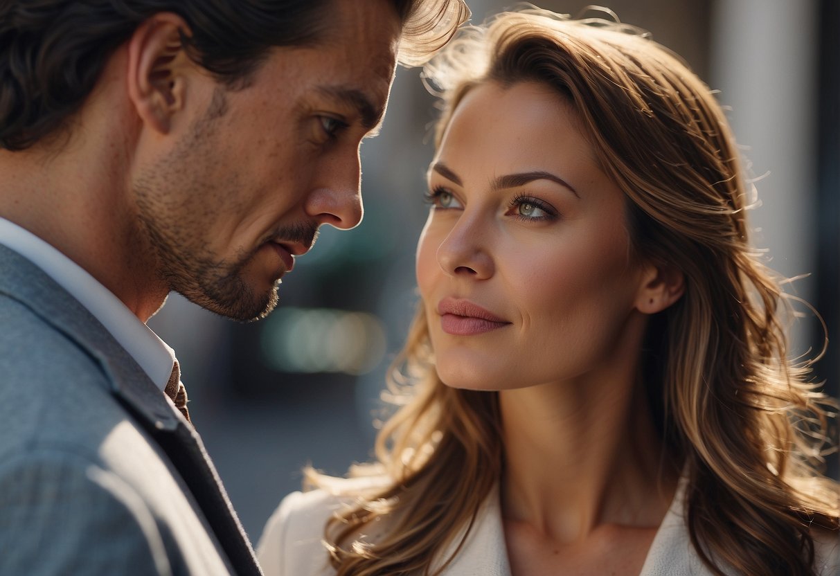 A woman gazes into the eyes of a confident and passionate Leo man, feeling a deep emotional connection and falling in love